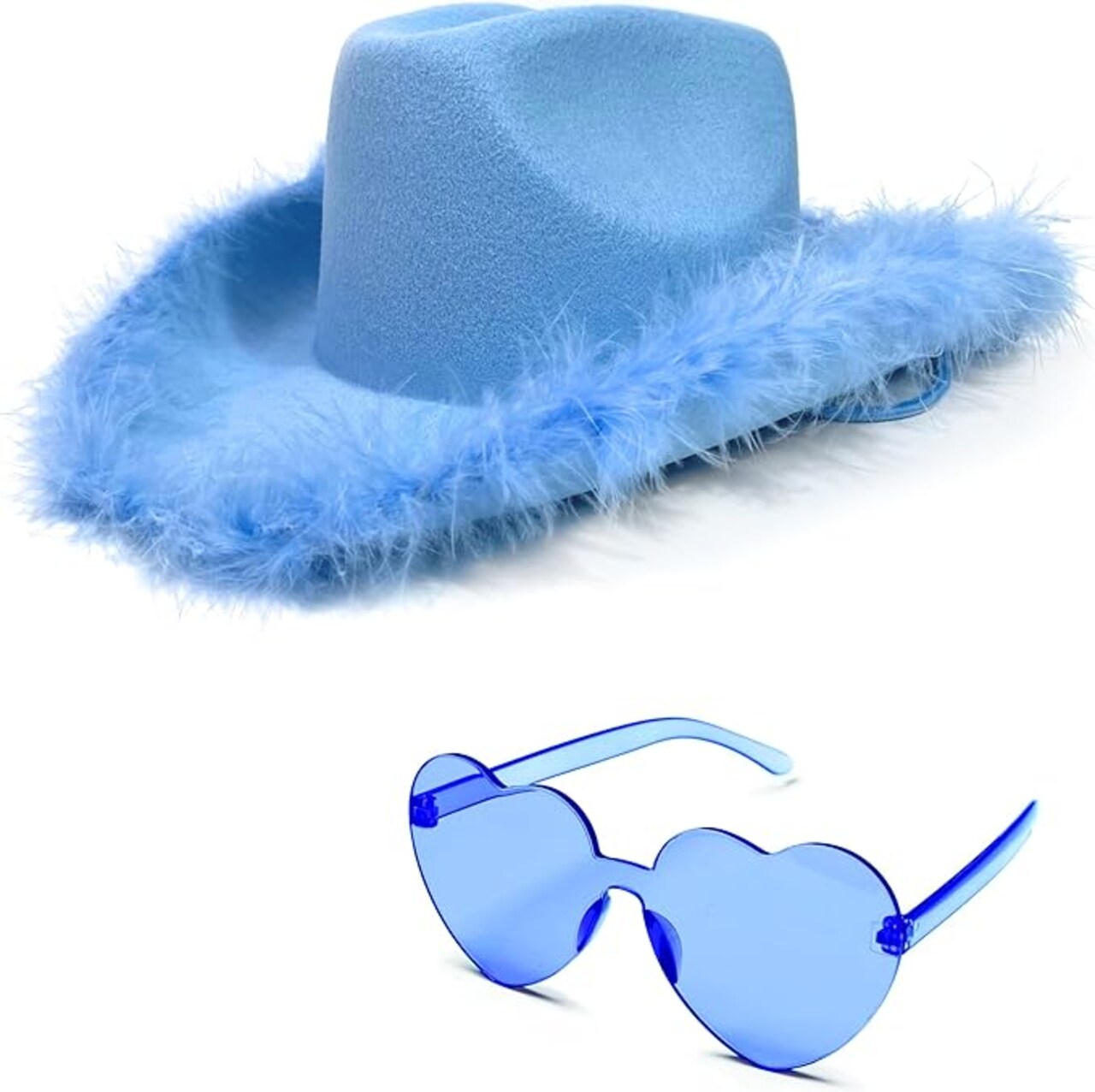 4E’s Novelty Light Blue Cowboy Hat with Feathers & with Heart Shaped Glasses for Rodeo Parties & Dress Up Costumes